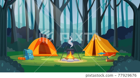 Summer camp in forest with bonfire, tent, backpack 77929676