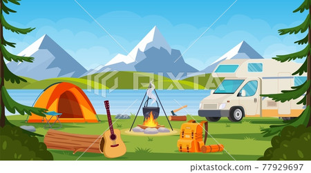 Summer camp in forest with bonfire, tent, backpack and lantern. 77929697