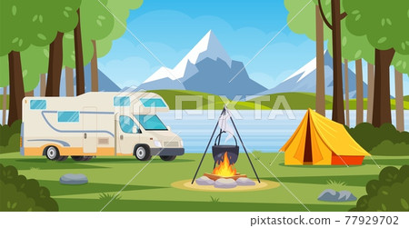 Summer camp in forest with bonfire, tent, backpack and lantern. Summer camp in forest with bonfire, tent, backpack and lantern. 77929702