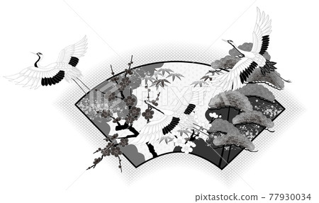 Crane fan Shochikuume black and white ink 77930034