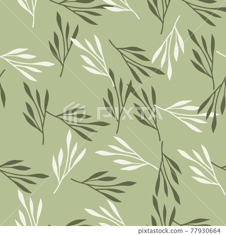 Spring season seamless pattern with random hand drawn leaf branches ornament. Light green background. Spring season seamless pattern with random hand drawn leaf branches ornament. Light green background. 77930664