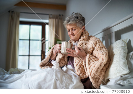 Sick senior woman in bed at home, taking medication. Post-vaccination side-effects. 77930910