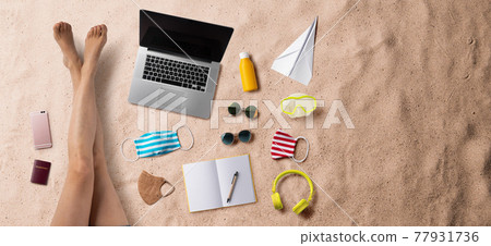Flat lay top view of young woman with travel essentials, summer holiday concept. Copy space. 77931736