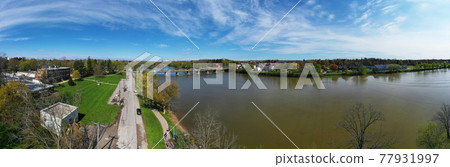 Aerial panorama view of Caledonia, Ontario, Canada along the Grand River 77931997