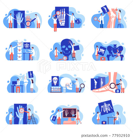Orthopedic medicine. Concept scenes with human body xray problem demonstration for doctor skeleton bones of patients recent vector orthopedic pictures in flat style 77932910