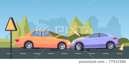 Accident on road. Urban landscape with damaged cars crash automobiles insurance problems garish vector background illustrations Accident on road. Urban landscape with damaged cars crash automobiles insurance problems garish vector background illustrations 77932986