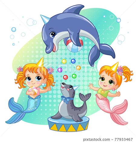 Mermaids, seal and dolphin show a circus performance cartoon vector illustration 77933467