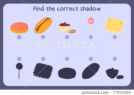 Matching children educational game with food - donut, hot dog, dates, candy, ravioli. Find the correct shadow. 77933494