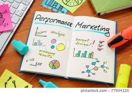 Performance marketing and marks with charts in the notepad. Performance marketing and marks with charts in the notepad. 77934120