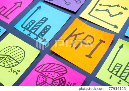 KPI or Key Performance Indicators and stickers with charts and graphs. KPI or Key Performance Indicators and stickers with charts and graphs. 77934123