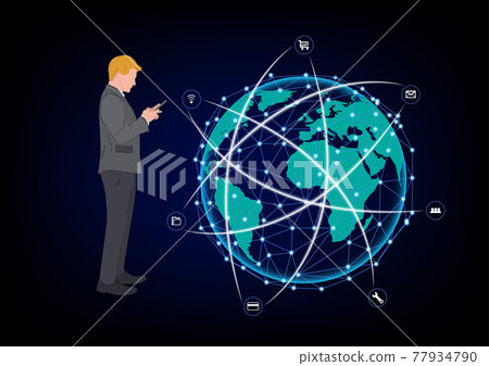 Businessman standing and using smartphone for connection technology, concept using smartphone for connection to Global network connection 77934790