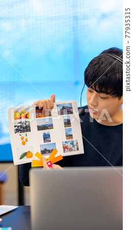 A scene of teleworking in a casual office with a large screen A scene of teleworking in a casual office with a large screen 77935315