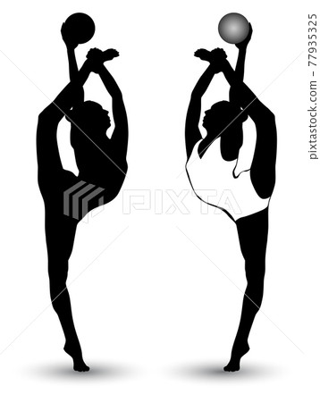 Black and white image of a gymnast performing an exercise with a ball Black and white image of a gymnast performing an exercise with a ball 77935325