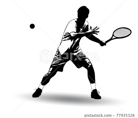 Black and white image of a tennis player battering the ball with a racket 77935326