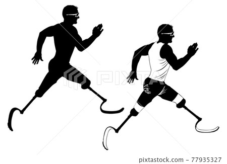 Black and white image of a disabled person running on prostheses Black and white image of a disabled person running on prostheses 77935327
