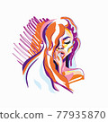 Hand-drawn young beautiful girl with nude makeup and unusual red hair. Fashion illustration of a stylish look. 77935870