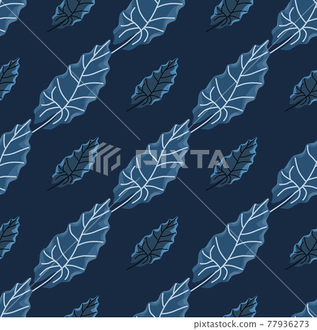 Herbal nature seamless pattern with doodle leaf silhouettes ornament. Navy blue background. Herbal nature seamless pattern with doodle leaf silhouettes ornament. Navy blue background. 77936273