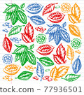 Colorful cocoa beans illustration on black background. Engraved style illustration. Chocolate cocoa beans. Vector pattern illustration 77936501