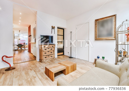 Modern living room with sofa and art objects Modern living room with sofa and art objects 77936836