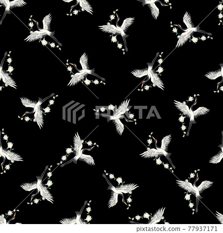 Seamless pattern with flowers and white Japanese cranes. Seamless pattern with flowers and white Japanese cranes. 77937171