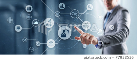 RPA Universal Technology Background for your business. 3D icons on virtual screen 77938536