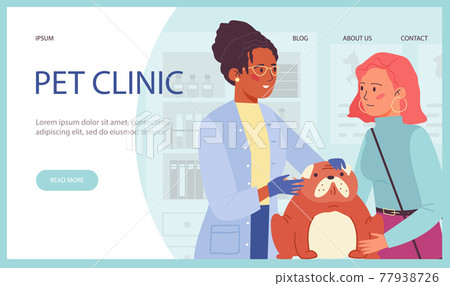 Pet clinic website banner with owner and his dog, flat vector illustration. 77938726