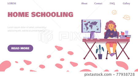 Kid girl gets an online education stay at home sitting at desk with computer. 77938728