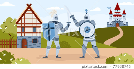 Medieval knights tournament horizontal background, flat vector illustration. 77938745