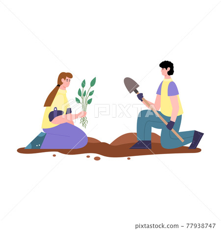 Couple planting seedlings of plants cartoon vector illustration isolated. Couple planting seedlings of plants cartoon vector illustration isolated. 77938747