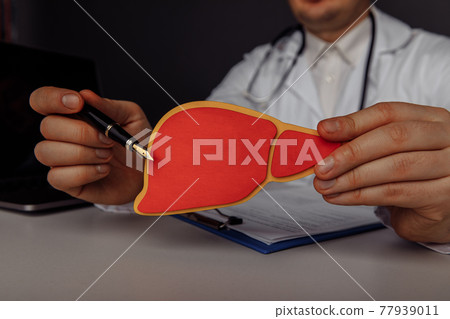Doctor showing a wooden model of liver. Healthcare and early diagnostic concept Doctor showing a wooden model of liver. Healthcare and early diagnostic concept 77939011