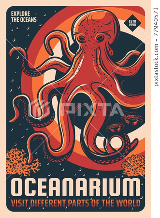 Octopus in oceanarium aquarium retro vector banner 77940571