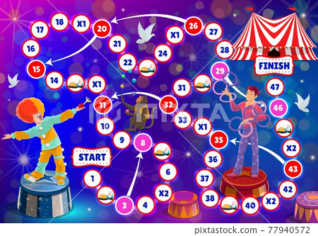 Shapito circus kids boardgame, vector step riddle Shapito circus kids boardgame, vector step riddle 77940572