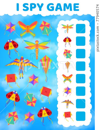 I spy kids game with kites in blue sky I spy kids game with kites in blue sky 77940574
