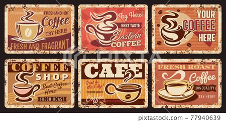 Coffee shop metal rusty plates, cafe retro posters 77940639