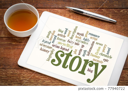 story and storytelling word cloud on tablet 77940722
