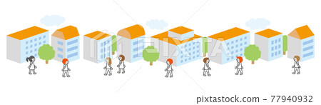 People walking with the cityscape (orange roof) People walking with the cityscape (orange roof) 77940932