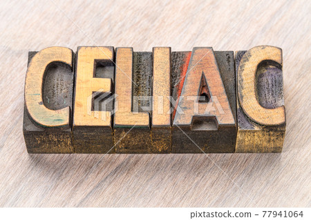 celiac word abstract in wood type 77941064