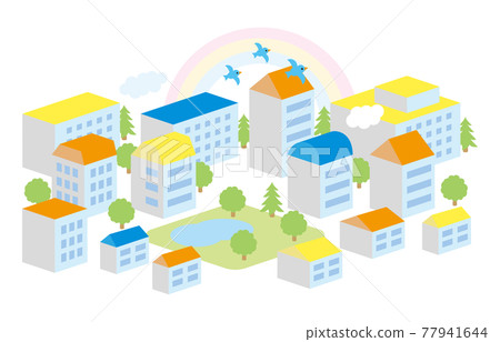 City with a rainbow (colorful roof) - Stock Illustration [77941644] - PIXTA