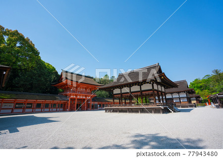 Dance stage and tower gate of Shimogamo Shrine in Kyoto 77943480