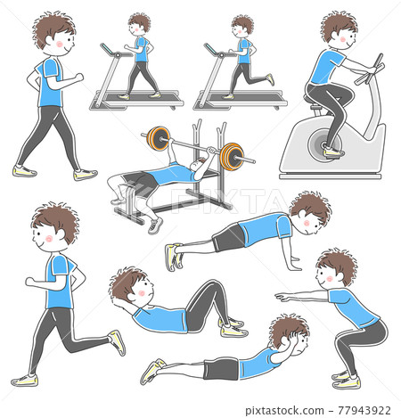 Illustration set of men training in a sports gym 77943922