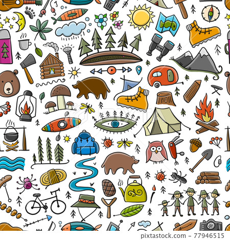 World Tourism Day. Forest and Mountain Tourist Seamless pattern. Camping Background for your design. World Tourism Day. Forest and Mountain Tourist Seamless pattern. Camping Background for your design. 77946515