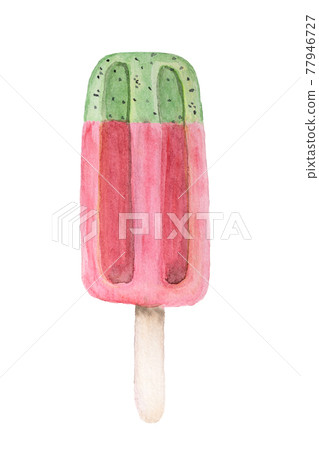 Watercolour hand drawing of fruit ice cream on stick isolated on white background. Watercolour hand drawing of fruit ice cream on stick isolated on white background. 77946727