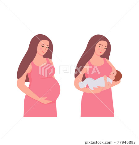 A set with a pregnant woman and a mother with a newborn baby. The concept of carrying a child and motherhood. Flat vector illustration isolated on a white background. 77946892