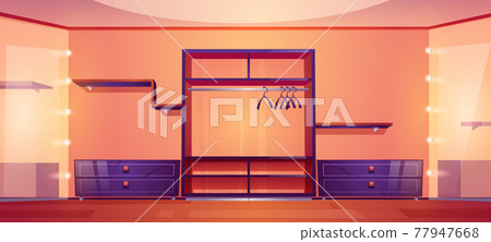 Walk in closet with wardrobe shelves and mirrors 77947668