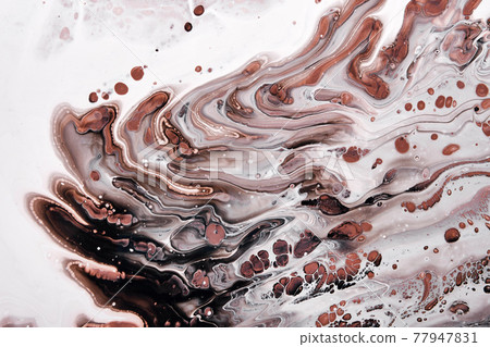 Acrylic Fluid Art. Brown and black waves on gray. Abstract marble agate stone background or texture 77947831