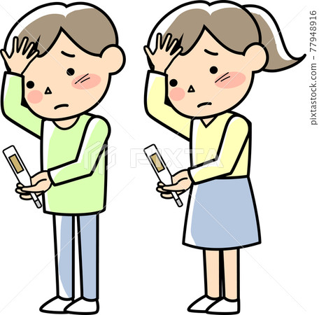 Women and men measuring temperature due to poor physical condition 77948916
