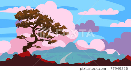 Sunset tree silhouette on a cliff, clouds after rain. Landscape evening panorama horizon, color, distance. Vector illustration cartoon style background Sunset tree silhouette on a cliff, clouds after rain. Landscape evening panorama horizon, color, distance. Vector illustration cartoon style background 77949226