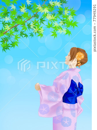 A woman in a yukata, the background of the blue maple 77949291