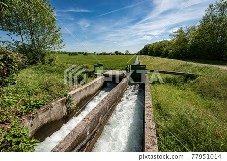 Two Small Concrete Irrigation Canals a Rural Scene - Padan Plain Italy 77951014