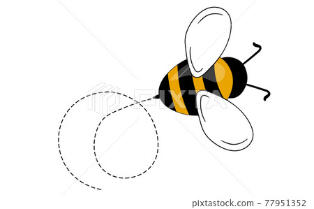 Cartoon bee mascot. A small bees flying on a dotted route. Wasp collection. Vector characters. Incest icon. Template design for invitation, cards. Doodle style 77951352